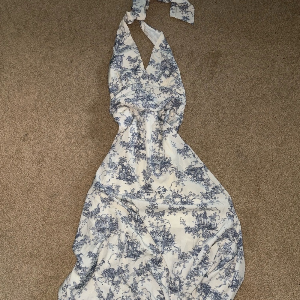 Elegant Blue and White Halter Dress